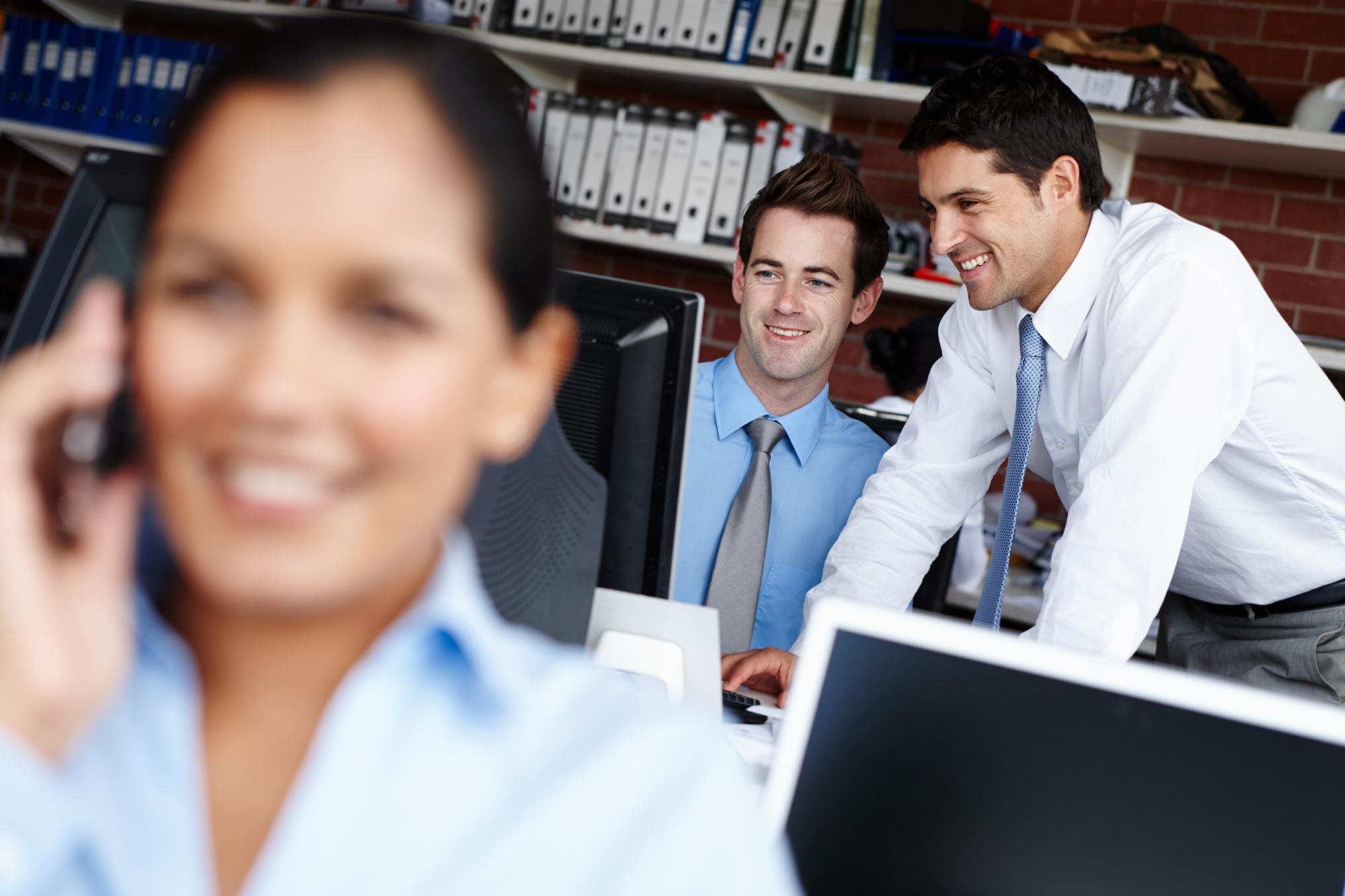 businessman teamwork helping computer office with payroll system bookkeeping training happy finance